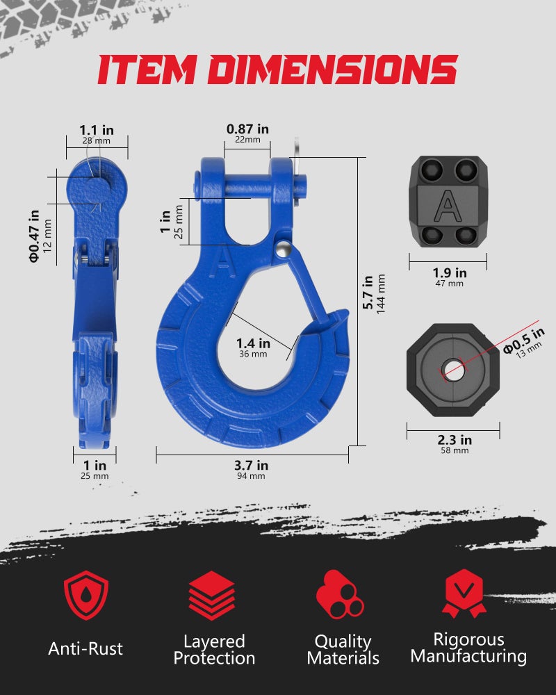 AMBULL 3/8" Winch Hook & Winch Cable Hook Stopper Sets, Heavy Duty Grade 70 Forged Steel Recovery Hook with Safety Latch, Included Allen Wrench,Max 37,478 Lbs, Blue - Image 4